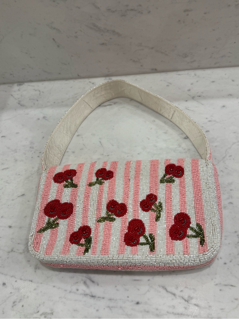 🍒Handcrafted in India Viral Beaded Cherry Shoulder Bag Cherries Pink Striped - Picture 7 of 13